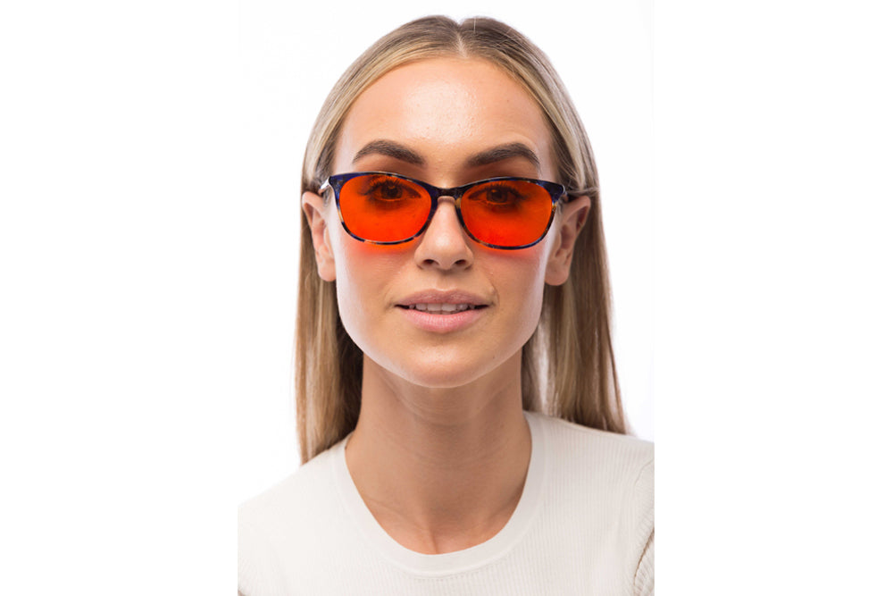 Woman Wearing Galaxy Blue Light Blocking Glasses Prescription