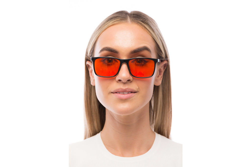 Woman Wearing Brooklyn Blue Light Blocking Glasses