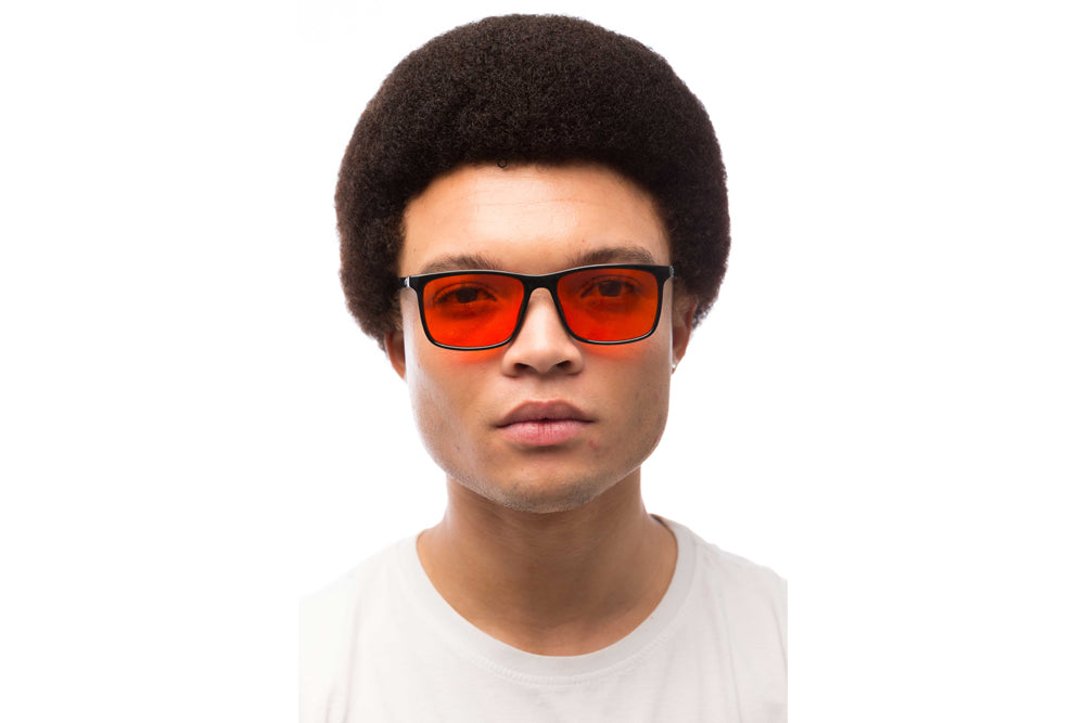 Man Wearing Brooklyn Blue Light Blocking Glasses