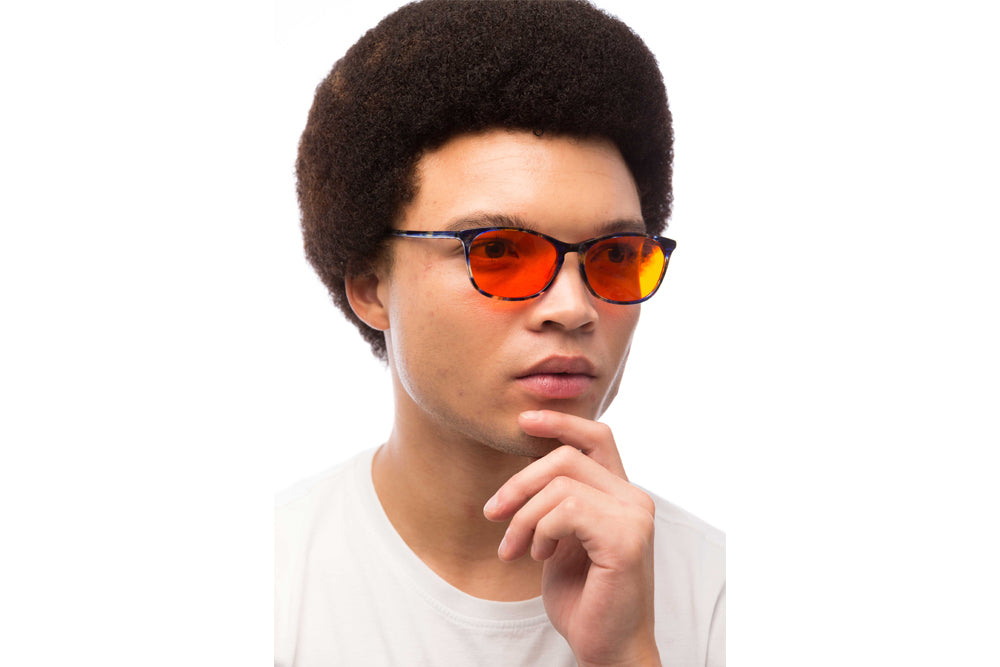 Man Wearing Galaxy Blue Light Blocking Glasses Readers